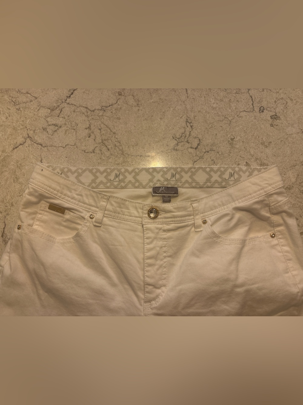 JM Collection Women’s White Straight Leg Stretch Pants with bedazzled buttons - Picture 2 of 3